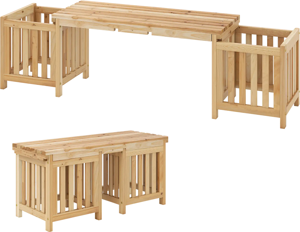 Patio wooden bench with planter, made of natural fir wood, features a slatted seat and two flower boxes for outdoor.