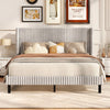 Queen size velvet bed frame with wingback headboard, showcasing a vertical channel design and plush upholstery for.