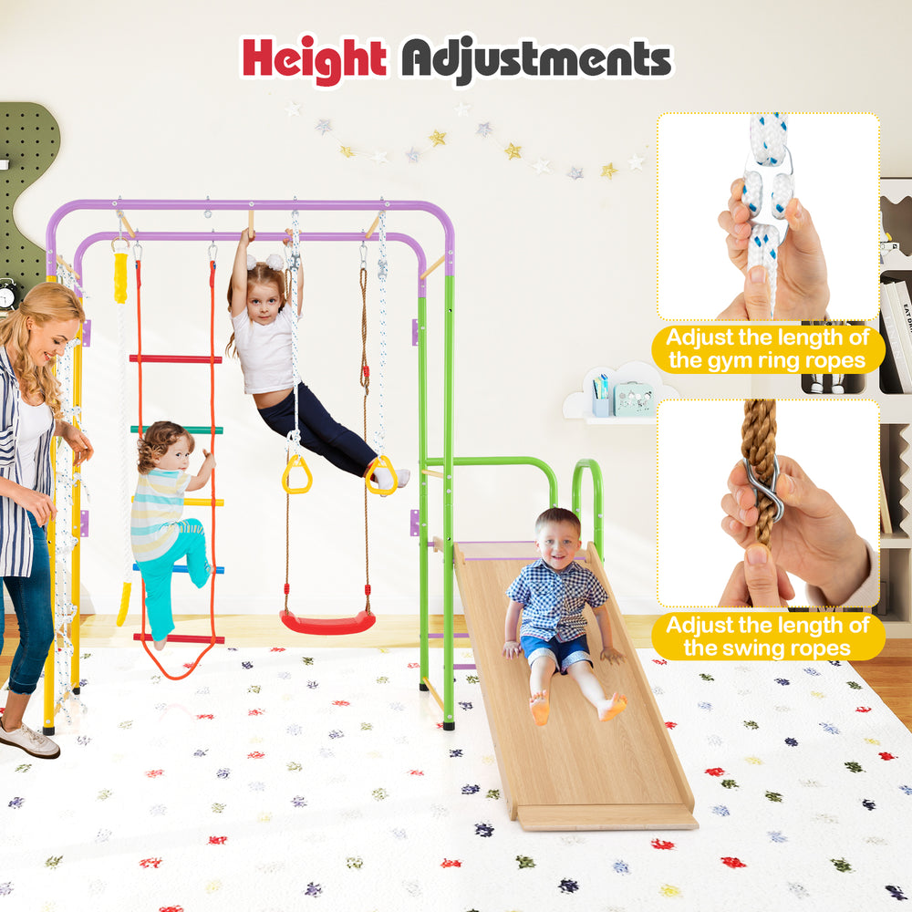 Multicolor metal indoor jungle gym with adjustable swing and gym rings, perfect for kids over 3 to enhance motor skills.