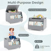 Wooden mobile toy storage organizer in gray with lockable wheels, serving as a toy box, bookshelf, and bench for kids.