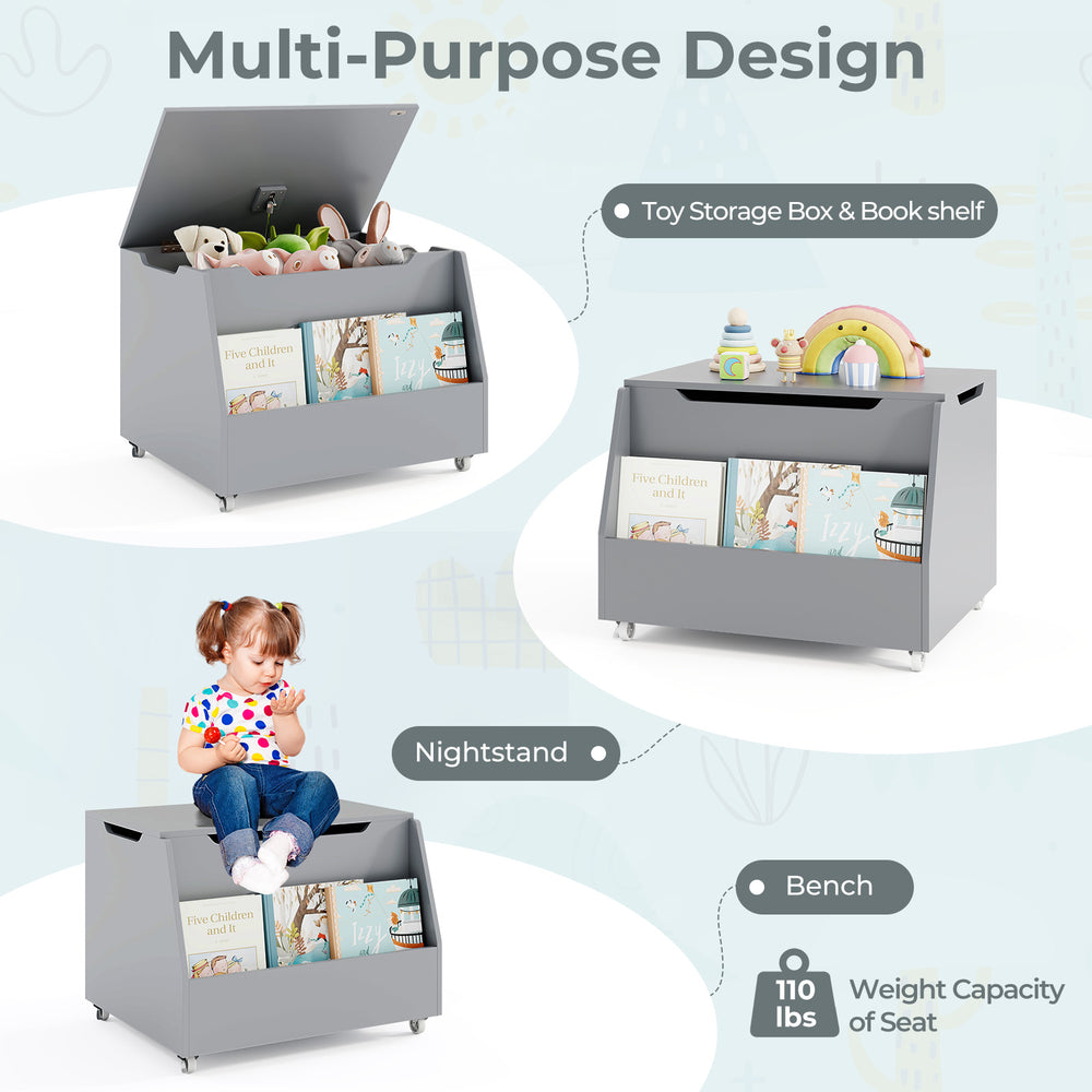 Wooden mobile toy storage organizer in gray with lockable wheels, serving as a toy box, bookshelf, and bench for kids.