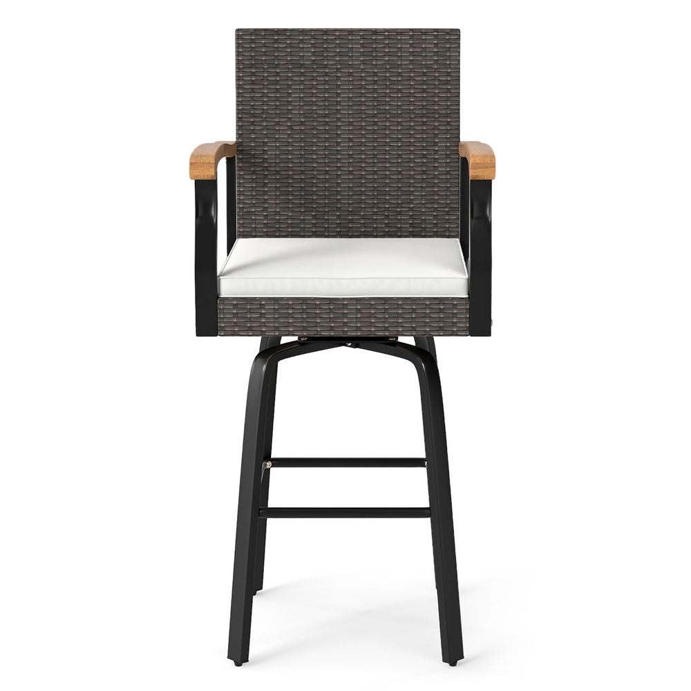 Single One Outdoor 360° swivel bar stool showcasing brown PE rattan, ergonomic armrests, and a soft cushion, ideal for.