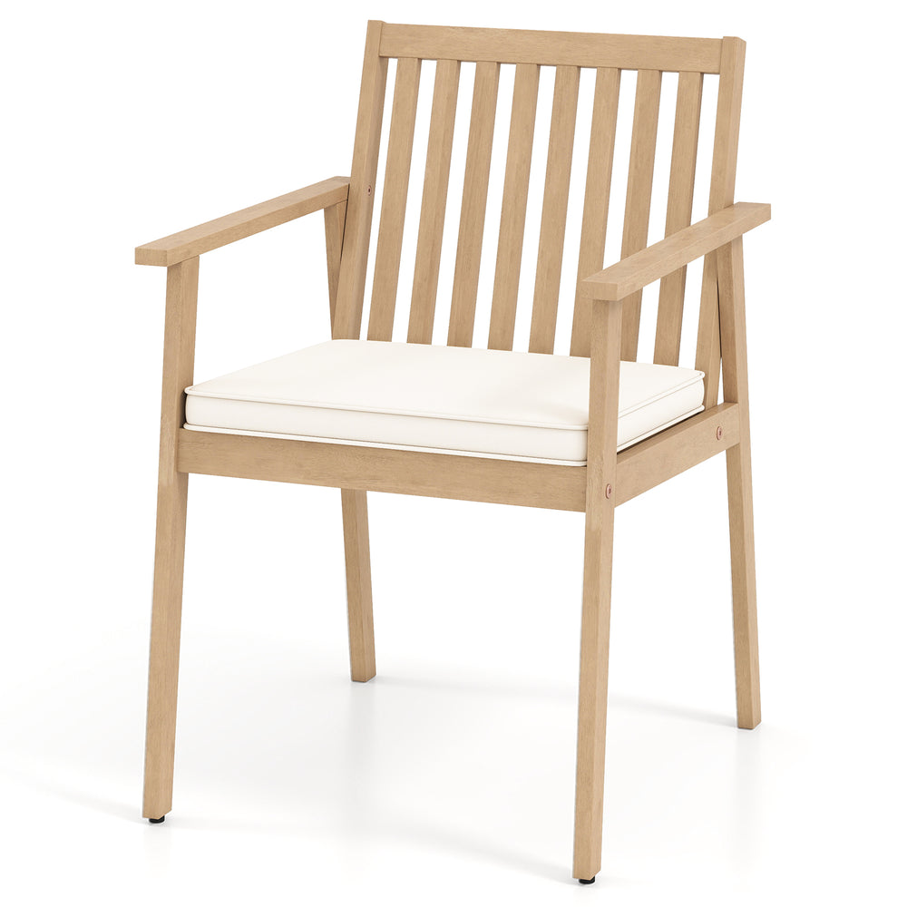Acacia wood patio dining chair with removable padded cushion, featuring streamlined armrests for comfort and stability.