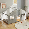 Twin size house bed in grey with LED lights, featuring a playful design and open windows for kids' imaginative play.