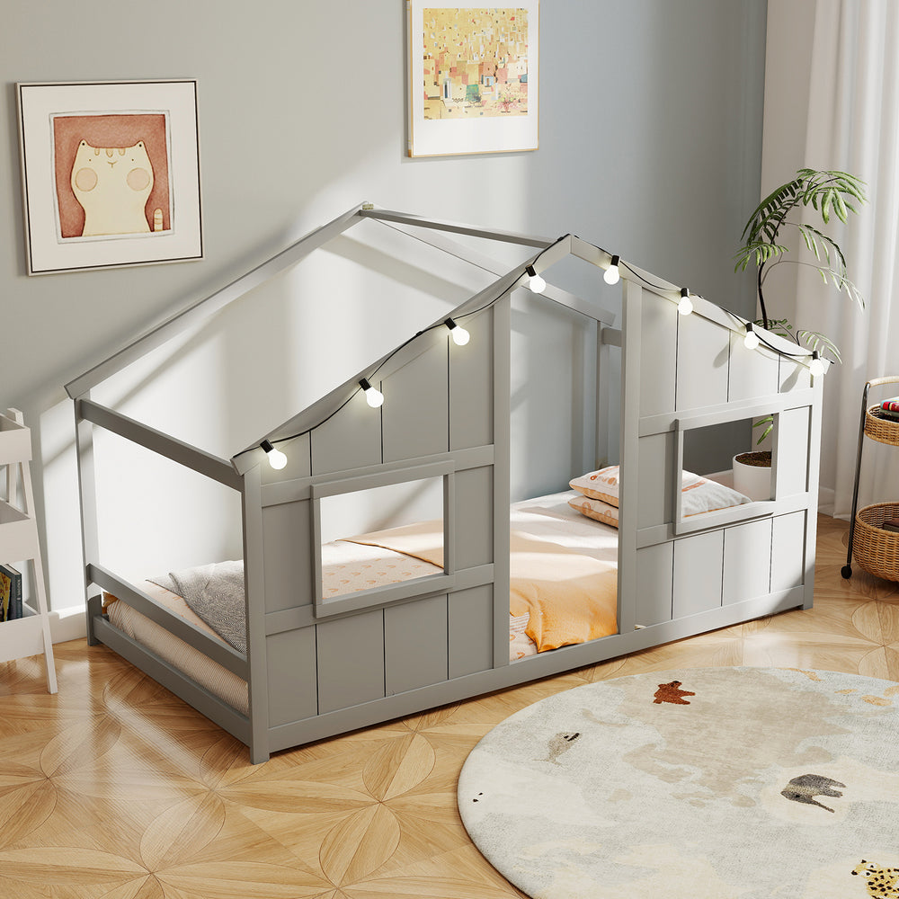 Twin size house bed in grey with LED lights, featuring a playful design and open windows for kids' imaginative play.