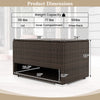 PE rattan storage bin with waterproof liner, featuring a shoe rack and dimensions for patio cushion storage.