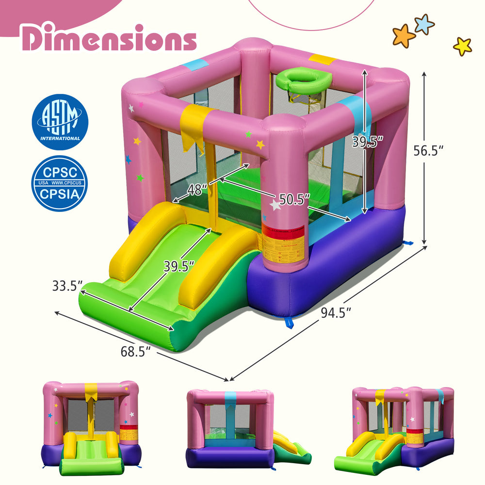 Bouncy castle dimensions showing a colorful inflatable structure with slide and mesh walls for secure play.