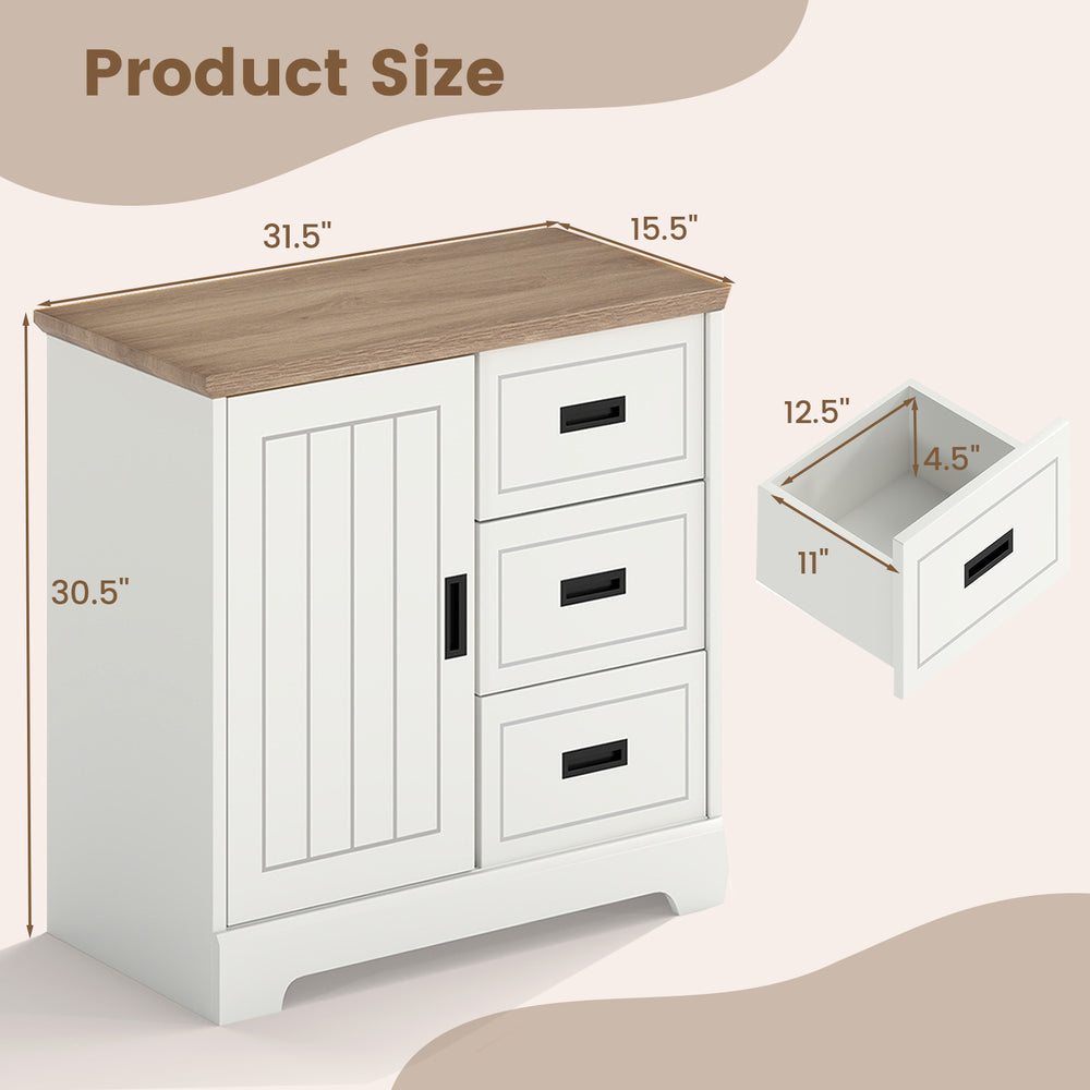 Farmhouse sideboard buffet cabinet with sliding doors, featuring three drawers and a spacious top for kitchen storage.