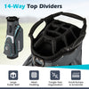 Lightweight golf cart bag with 14-way top dividers, gray design, and multiple pockets for organized club storage.
