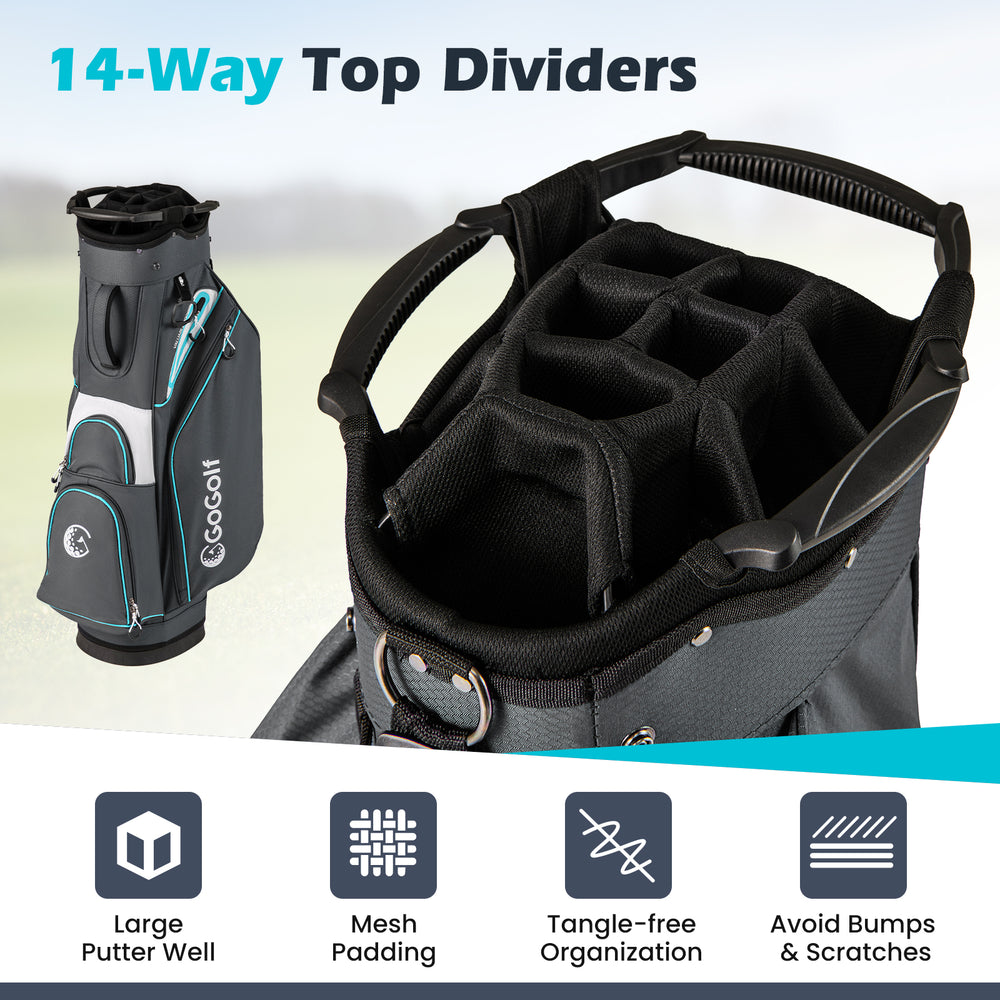 Lightweight golf cart bag with 14-way top dividers, gray design, and multiple pockets for organized club storage.