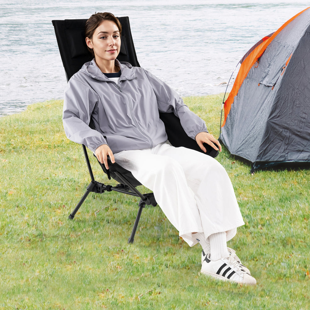 High back portable camping chair in black with built-in pillow, perfect for outdoor activities and easy transport.