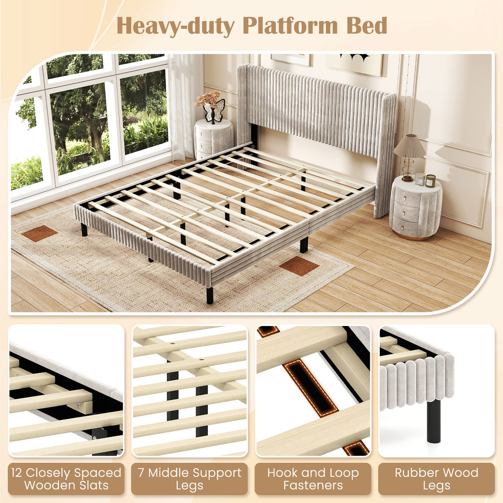 Queen size velvet bed frame with tufted wingback headboard, featuring sturdy rubber wood legs and under-bed storage.