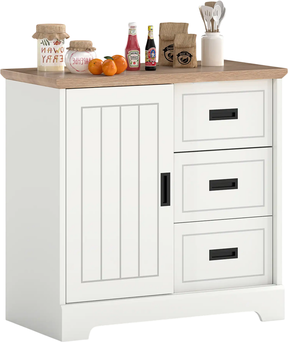 Farmhouse sideboard buffet cabinet in white with a wide top, perfect for displaying appetizers and storing kitchen.