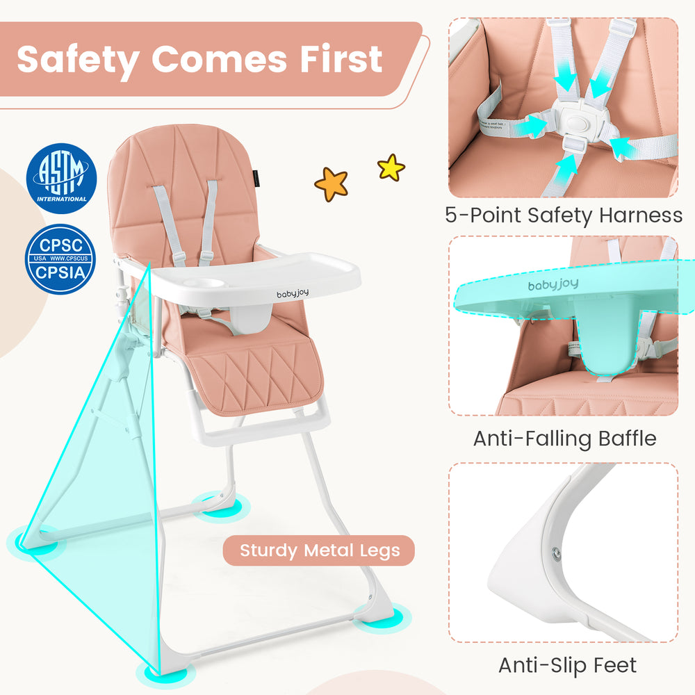 Compact pink highchair with removable tray, safety harness, and sturdy metal legs for secure feeding.