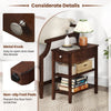 Narrow walnut end table with a drawer and storage shelves, featuring a metal knob and non-slip foot pads for stability.