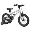 14-inch kids bike in silver with training wheels, high carbon steel frame, and dual brake system for safety.