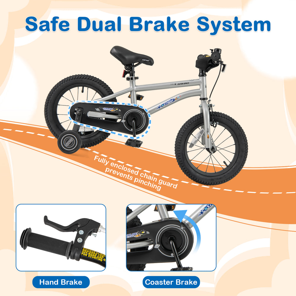 14-inch kids bike with high carbon steel frame, safe dual brake system, and removable training wheels for ages 3-5.