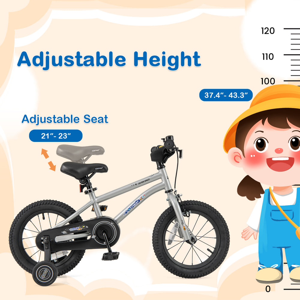 14-inch kids bike with adjustable seat height, high carbon steel frame, and training wheels for boys and girls aged 3-5.