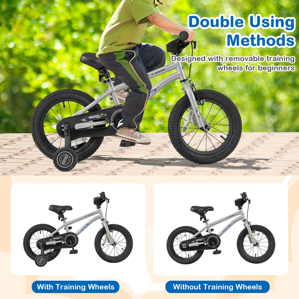 14-inch kids bike with high carbon steel frame, featuring removable training wheels for beginners and adjustable seat.