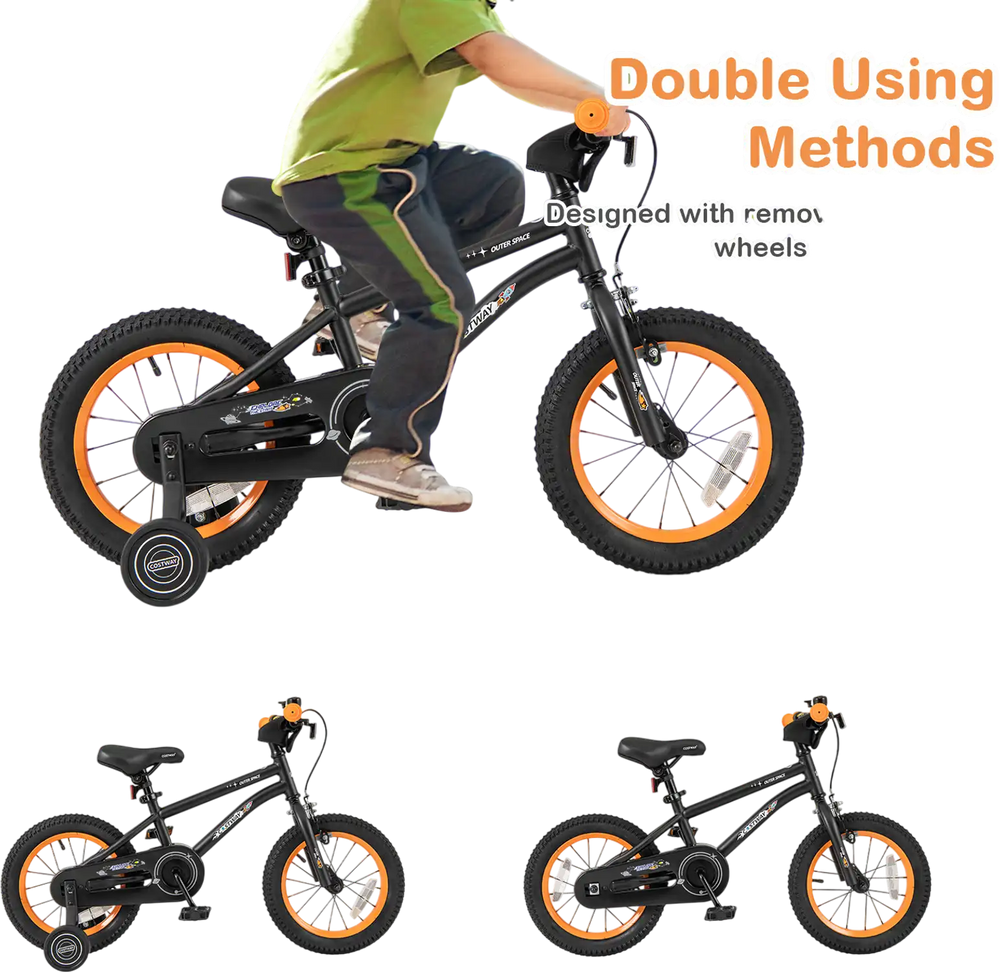 14-inch kids bike with adjustable seat, removable training wheels, and dual brake system for safe riding.