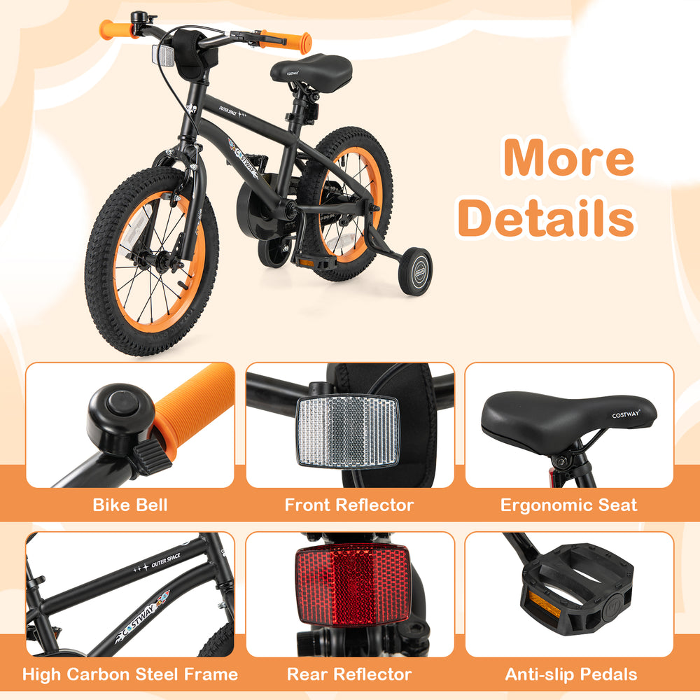14-inch kids bike with adjustable seat, high carbon steel frame, anti-slip pedals, and dual brake system for safety.