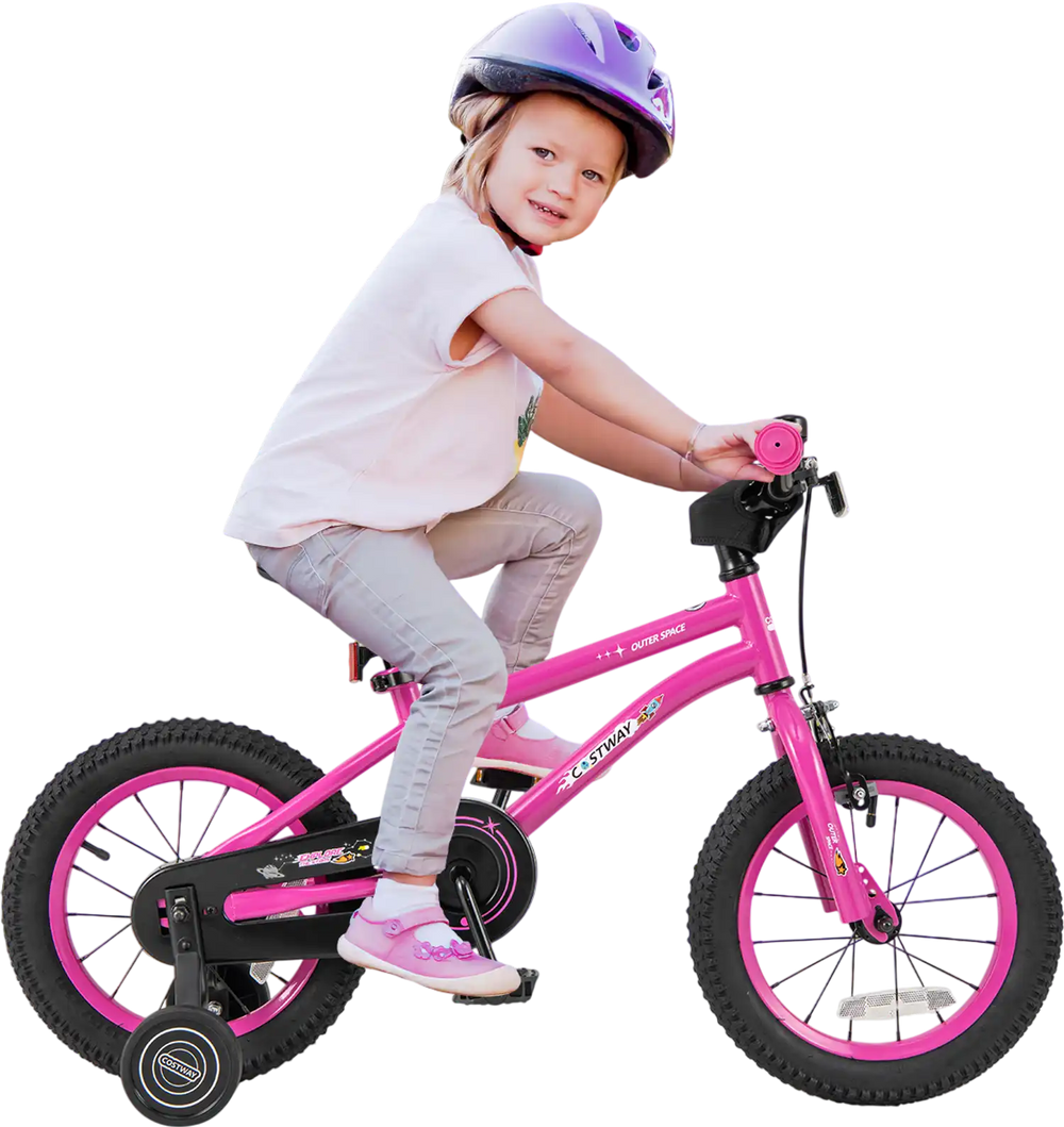 14-inch pink kids bike with a child riding, featuring adjustable seat height and dual brake system for ages 3-5.