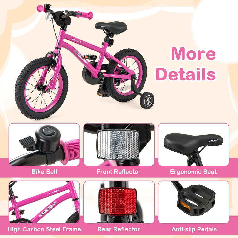 14-inch pink kids bike with removable training wheels, ergonomic seat, and dual brake system for ages 3-5.
