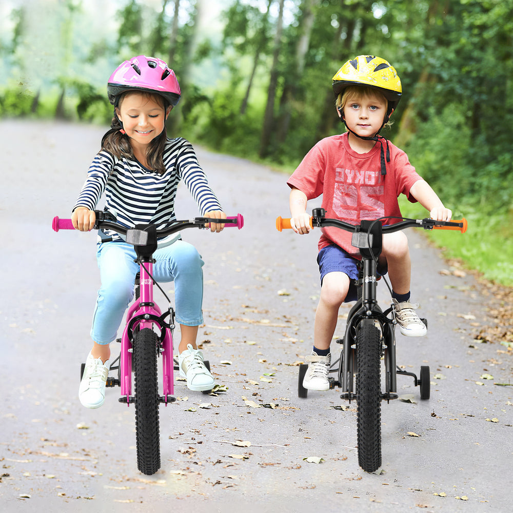 Two kids riding 14-inch bikes, one pink with training wheels and one black, designed for ages 3-5 years.