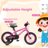 14-inch pink kids bike with adjustable seat height, removable training wheels, and dual brake system for ages 3-5.