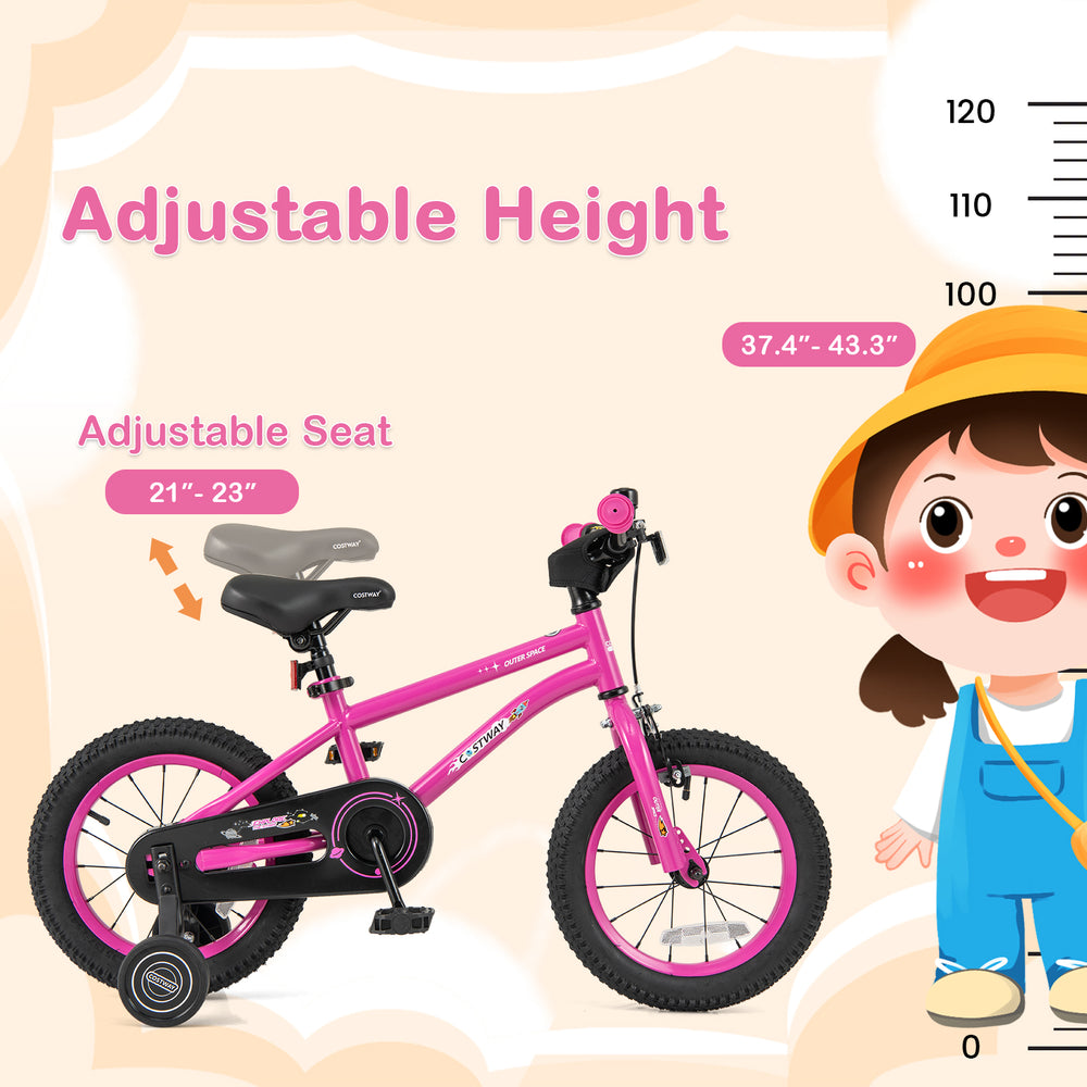 14-inch pink kids bike with adjustable seat height, removable training wheels, and dual brake system for ages 3-5.