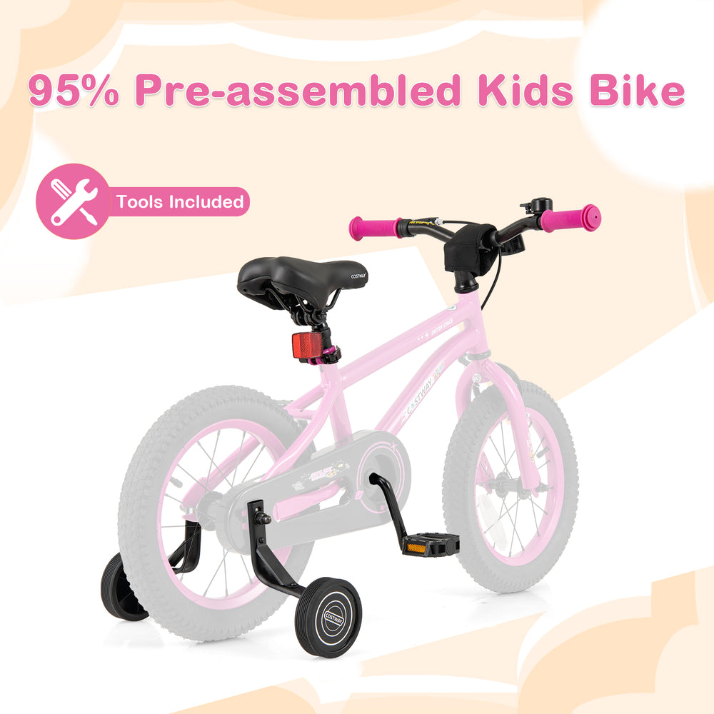 14-inch kids bike in pink with adjustable seat, removable training wheels, and dual brake system for ages 3-5.