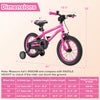 14-inch pink kids bike with adjustable seat, removable training wheels, and dual brake system for ages 3-5 years.