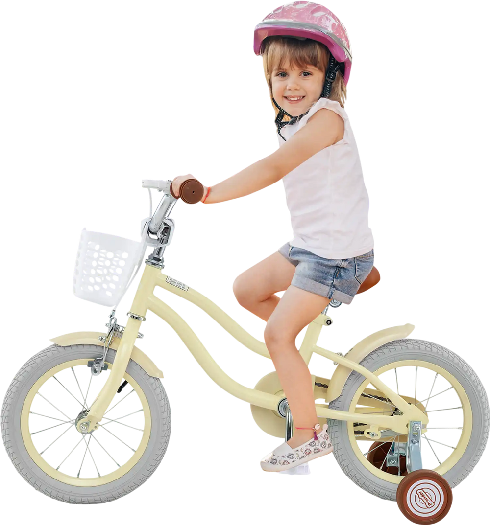 14-inch kids bike with training wheels, adjustable seat, and removable basket, perfect for ages 3-8 years old.