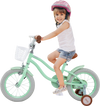 14-inch kids bike in mint green with adjustable seat, removable basket, and training wheels for ages 3-8 years.
