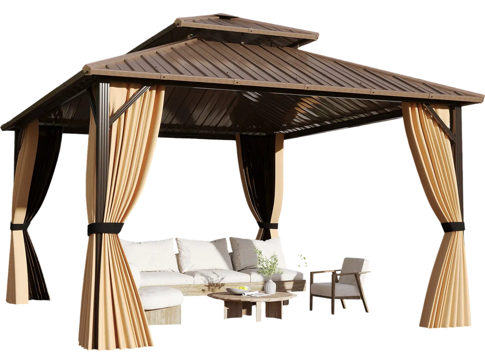 Hardtop gazebo with waterproof curtains and double roof design, perfect for outdoor patio gatherings and protection.