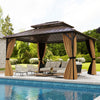 Hardtop gazebo with waterproof curtains and double roof design, perfect for outdoor patio and garden gatherings.