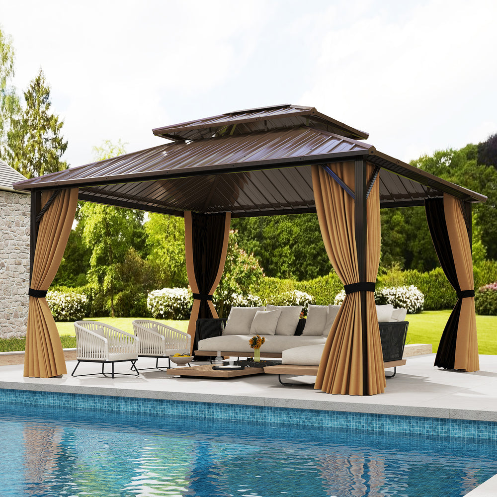 Hardtop gazebo with waterproof curtains and double roof design, perfect for outdoor patio and garden gatherings.