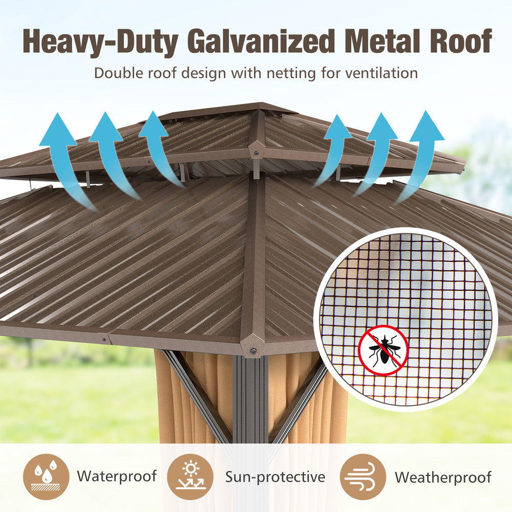 Heavy-duty galvanized metal roof gazebo with double roof design, waterproof and sun-protective for outdoor patio use.