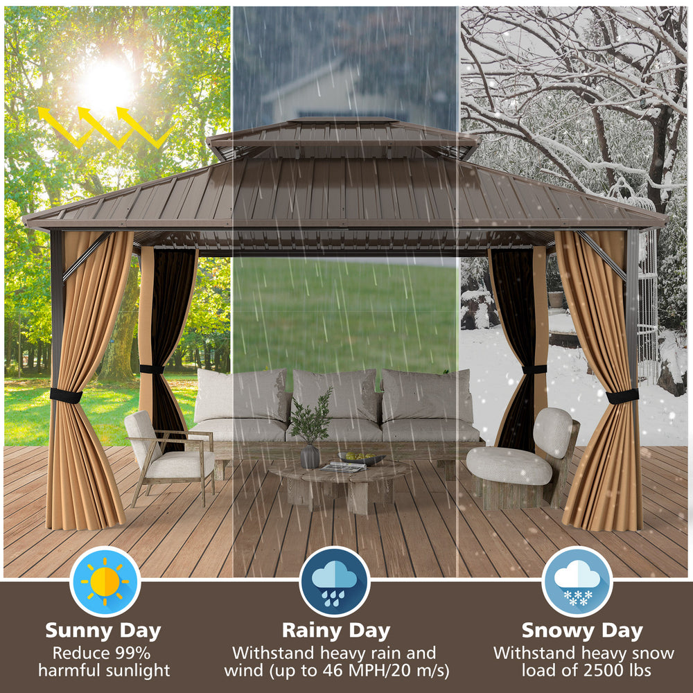 14 x 12 FT hardtop gazebo with waterproof metal roof, designed for outdoor patio protection against sun, rain, and snow.