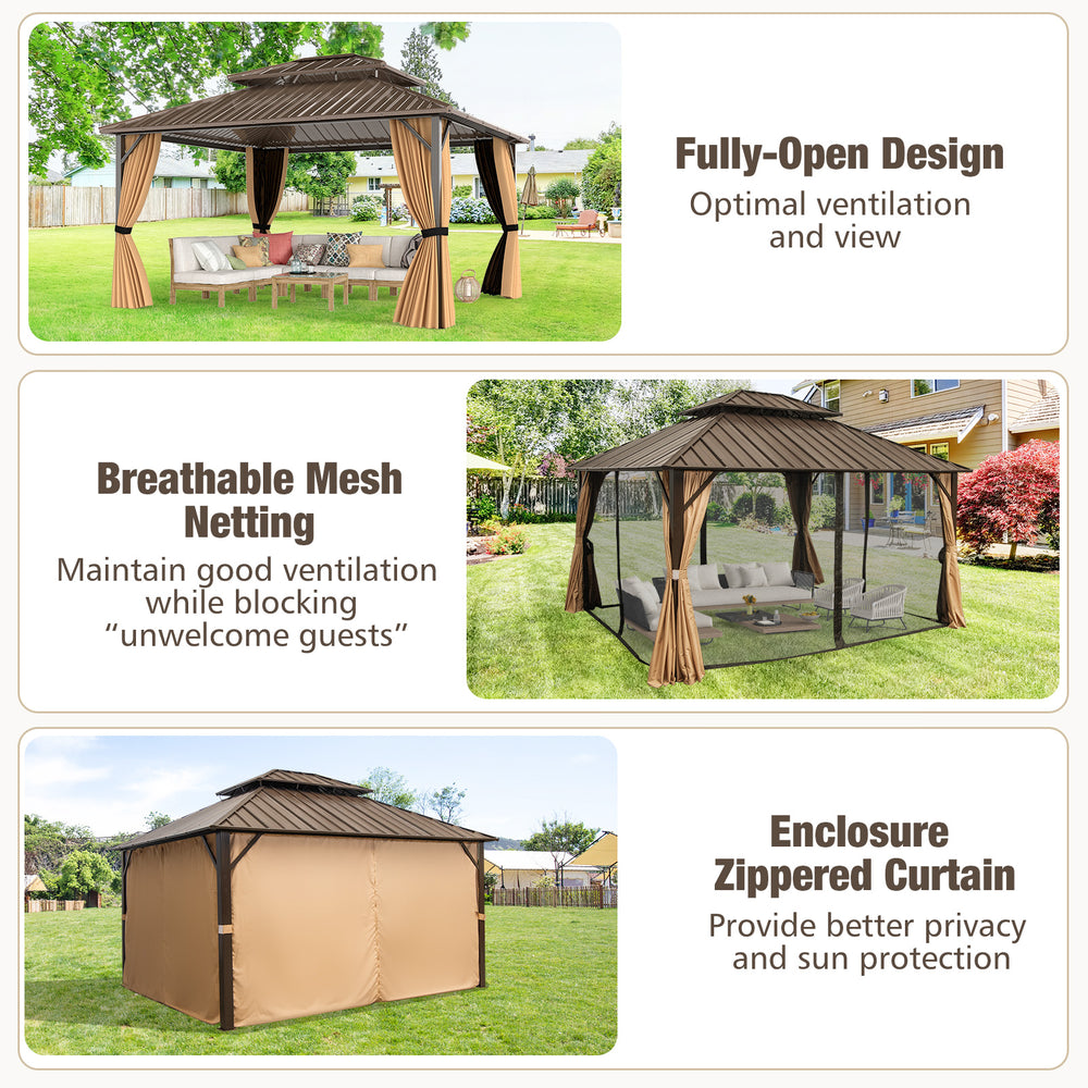14 x 12 FT hardtop gazebo with breathable mesh netting and zippered curtains, ideal for outdoor patio protection.