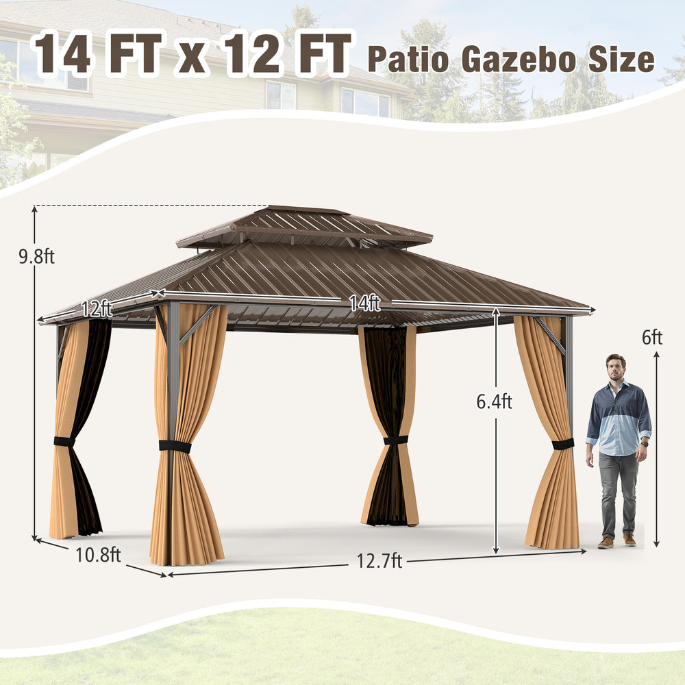 14 x 12 FT hardtop gazebo with a waterproof metal roof and mesh curtains, ideal for outdoor patio gatherings.