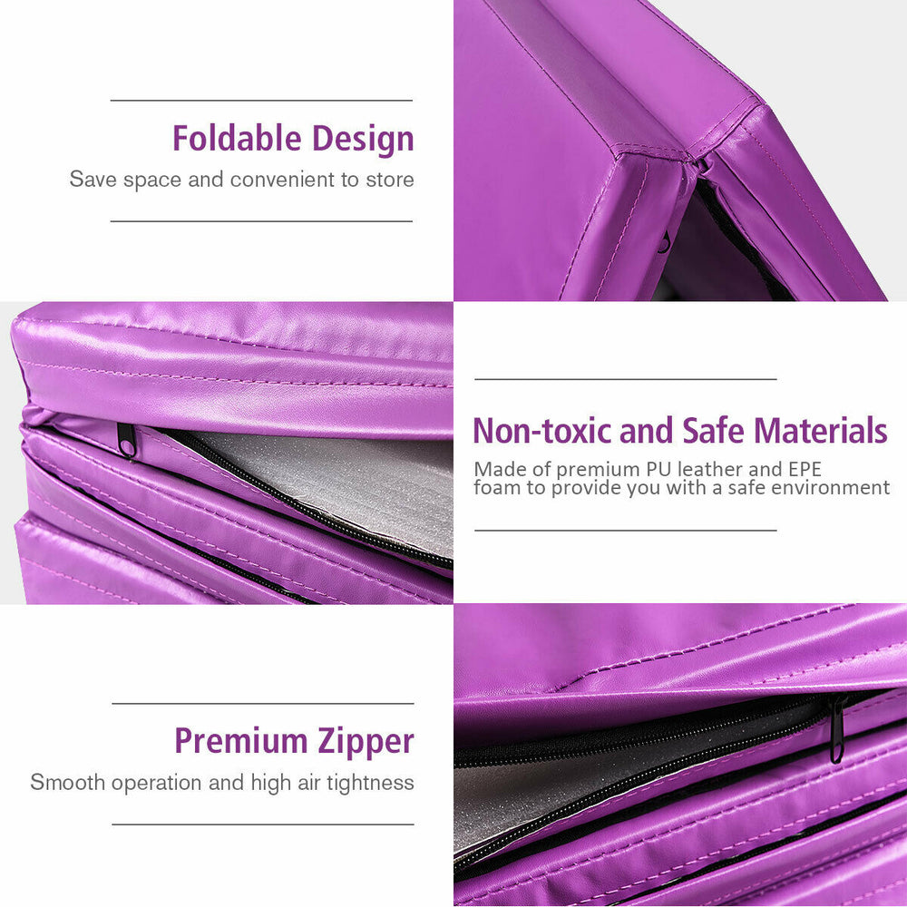 Foldable purple gymnastics tumbling mat with high-quality PU leather, EPE foam, and premium zipper for easy cleaning.