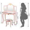Detailed dimensions of the pink kids makeup dressing table set with tri-folding mirror and stool, ideal for playroom.