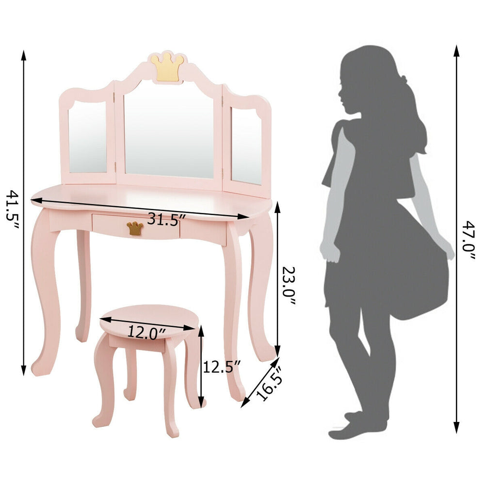 Detailed dimensions of the pink kids makeup dressing table set with tri-folding mirror and stool, ideal for playroom.
