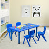 Blue kids' plastic rectangular learn and play table with four chairs, ideal for preschools and home use.