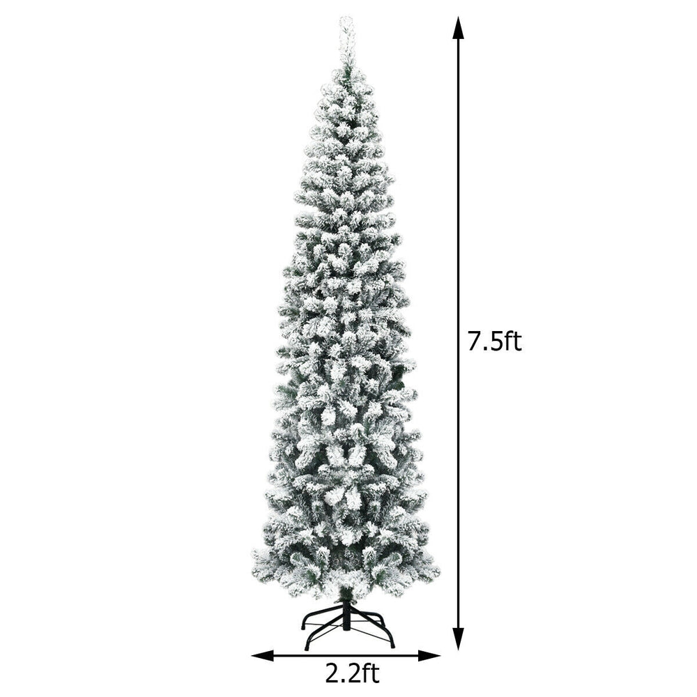 7.5ft pre-lit snow flocked artificial pencil Christmas tree with 350 LED lights, perfect for small spaces.