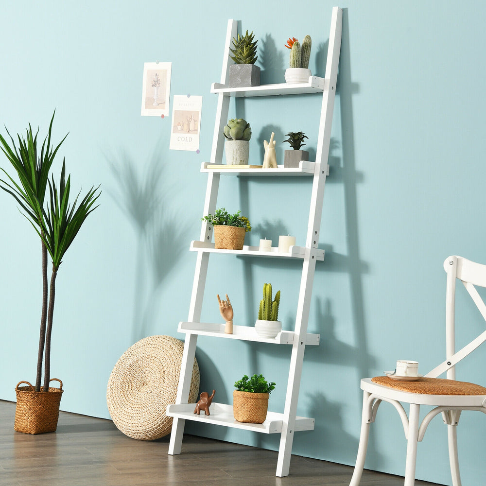 5-tier white wall-leaning ladder shelf with plants and books, featuring a durable design and minimalist style for.