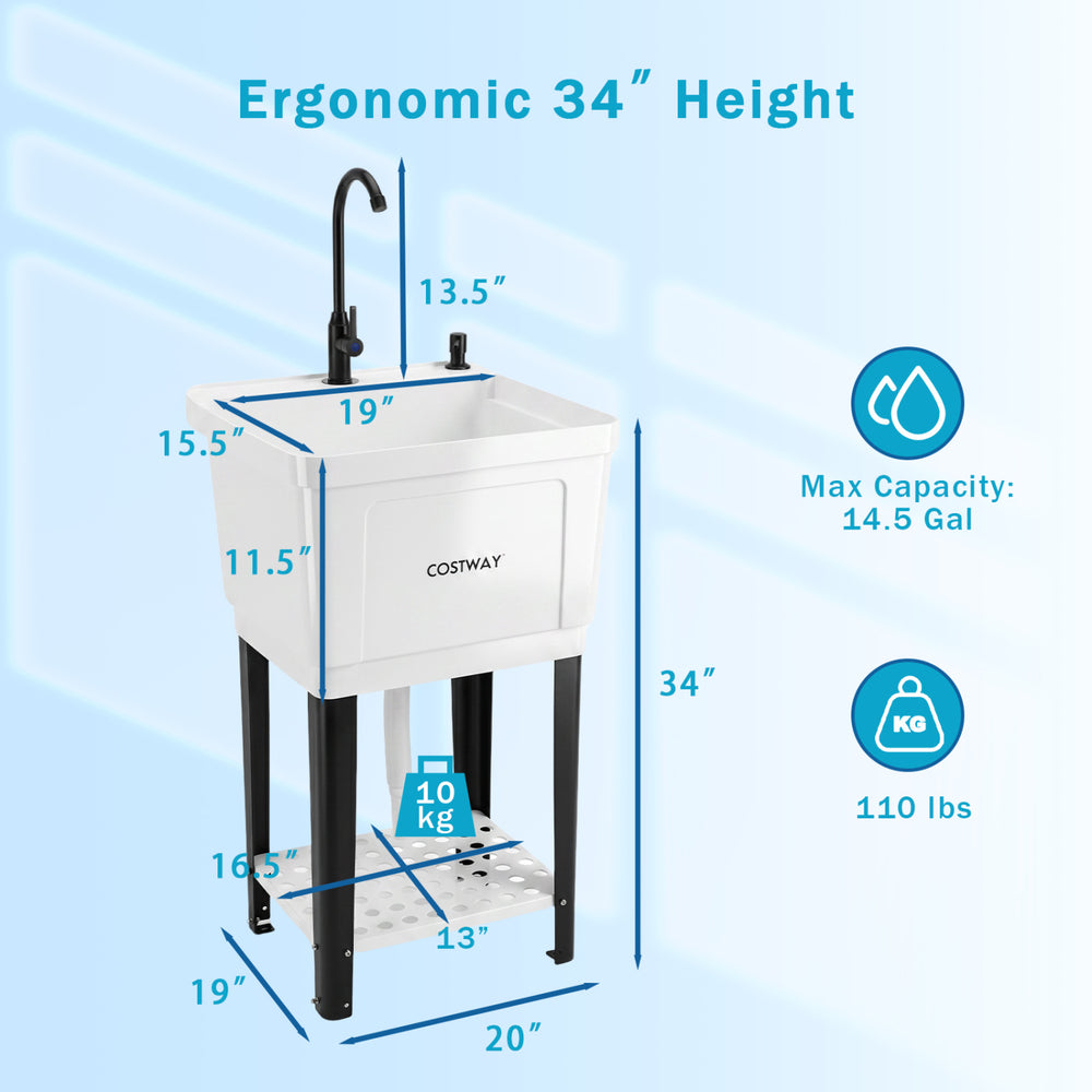 Utility sink with 14.5 Gal capacity, ergonomic 34" height, rotating faucet, and adjustable legs for versatile use.