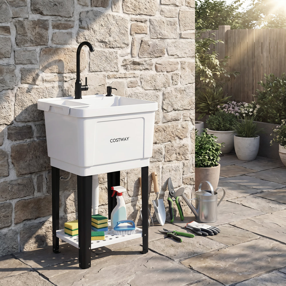 Freestanding 14.5 Gal utility sink with rotating faucet, adjustable legs, and bottom storage rack for outdoor cleaning.
