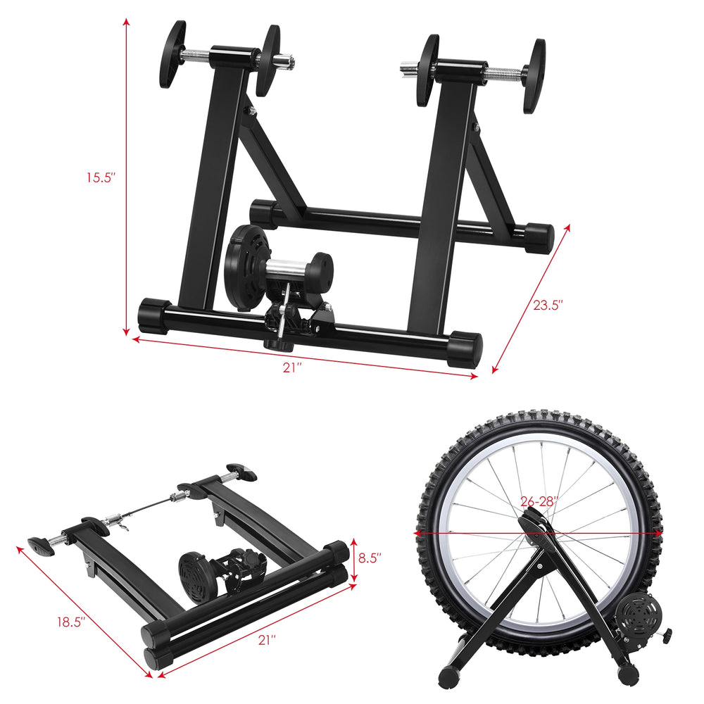 Portable folding steel bicycle indoor exercise training stand with dimensions, suitable for 26"-28" wheels, offers.